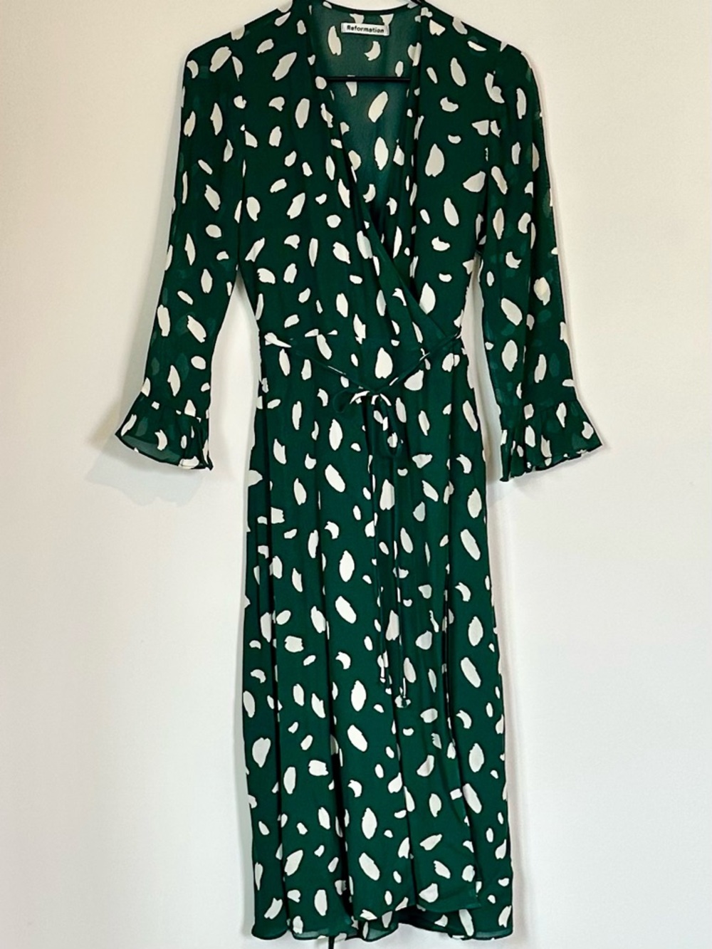 Reformation Mulberry Dress Forest Green & White Printed Wrap High-Low Dress - S - Picture 2 of 13